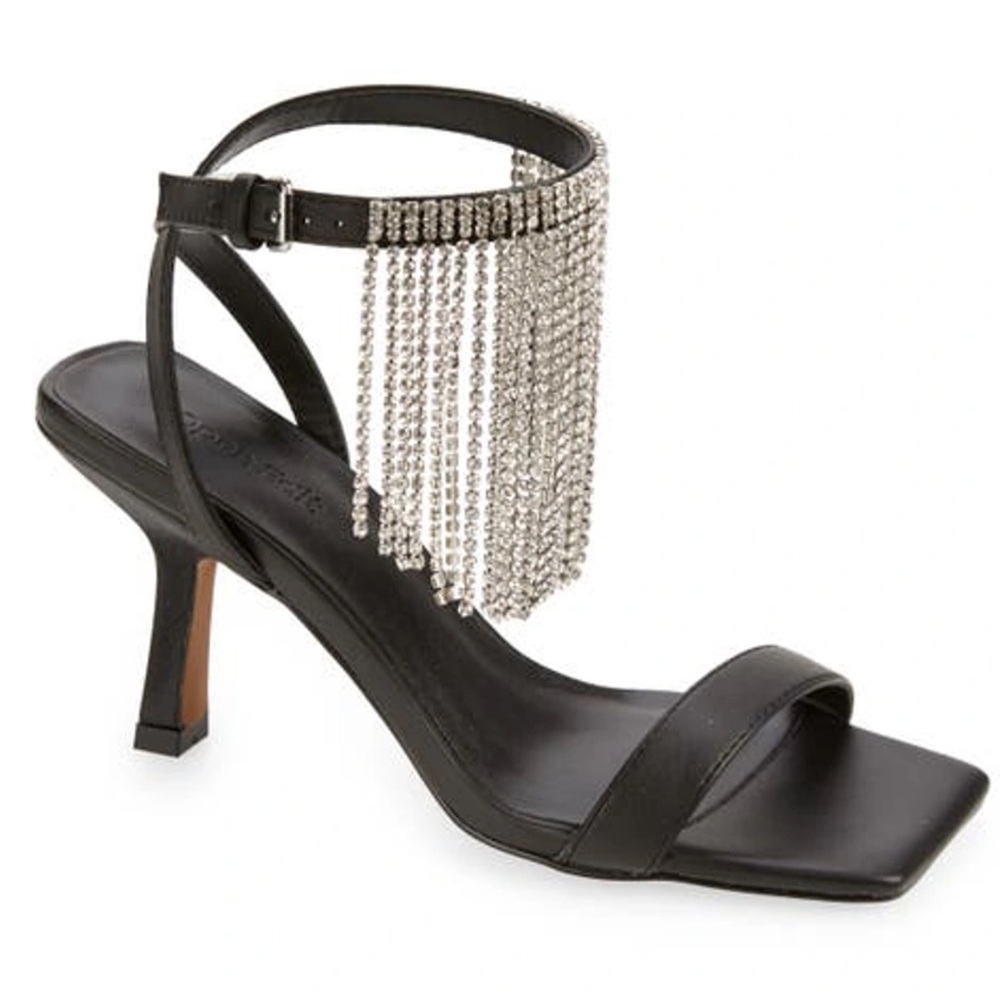 Open Edit Annalise Heeled Sandals with Rhinestone Fringe Strap Black